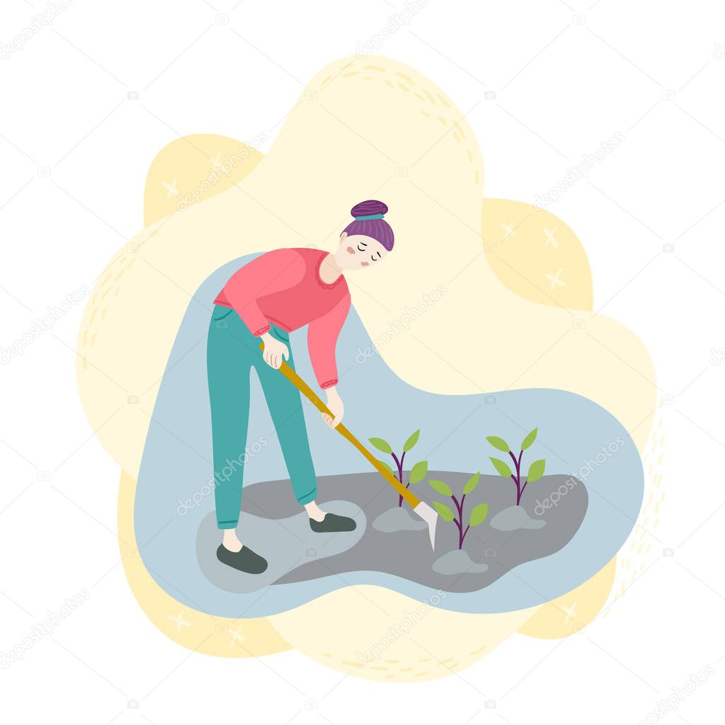 A woman with a hoe spuds seedlings on the field. Planting, harvesting, gardening. Season agriculture harvest work scene. Isolated flat trendy cartoon modern style Illustration for web and print