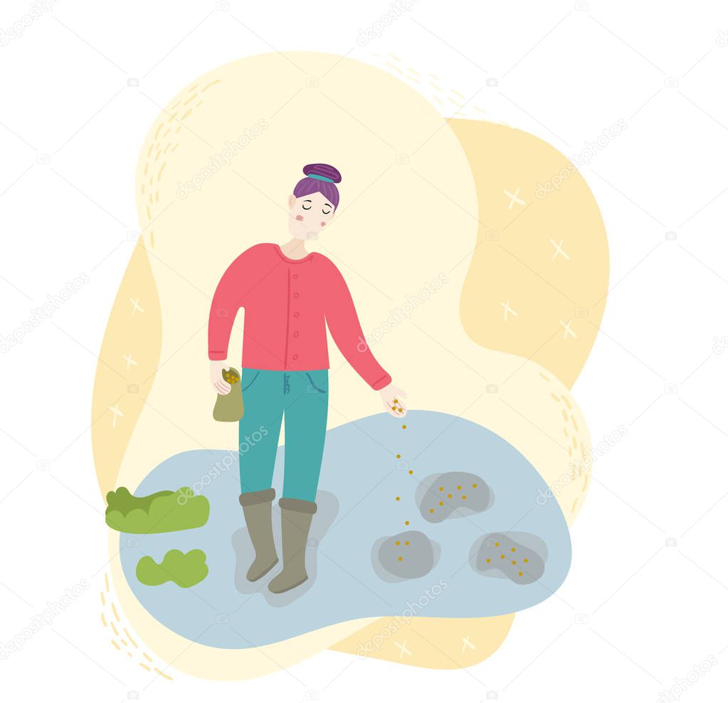 A woman farmer happy worker sowing seeds in a soil on the field. Season agriculture harvest work scene. Isolated flat trendy cartoon funny modern style Illustration on white background.