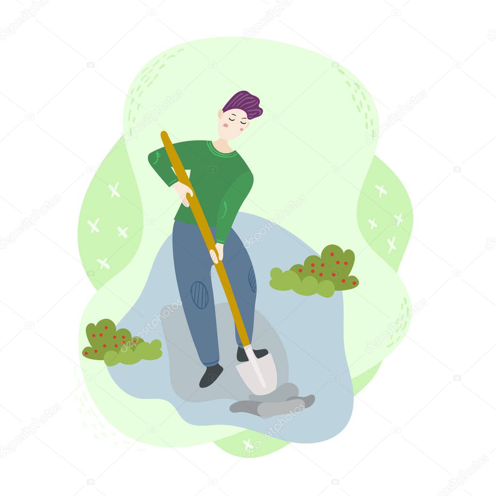 Man farmer with shovel digging a ground. Planting vegetables in the garden. Season agriculture harvest work scene. Isolated flat trendy cartoon funny modern style Illustration