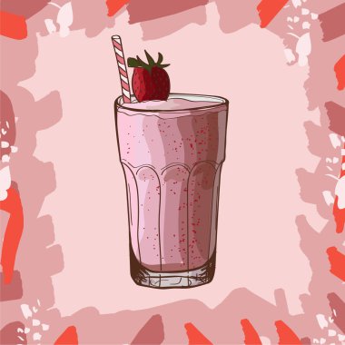 Çilekli muz smoothie tarifi. Enerjik taze içecek sunan kafe veya restoran için menü öğesi. Sağlıklı yaşam için taze meyve suyu.