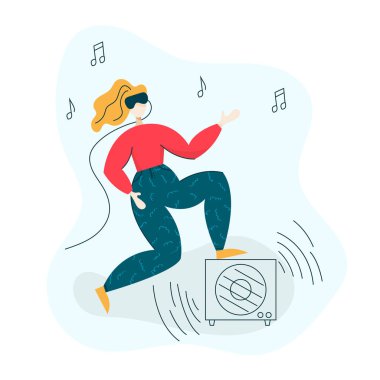 Kız Vr kulaklık giyiyor ve gitar çalıyor - sanal 3d gerçeklik gözlüğü kavramı. Web ve baskı için beyaz arka plan üzerinde izole düz trendy karikatür modern tarzı İllüstrasyon