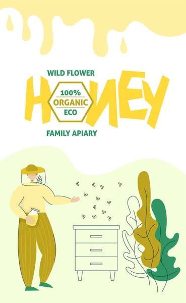 Бджоляр в захисному костюмі стоїть з баночкою меду. Банер процесу виробництва медового органічного бізнесу. Ізольований плоский модний мультфільм сучасний стиль Ілюстрація персонажа зображення — стоковий вектор
