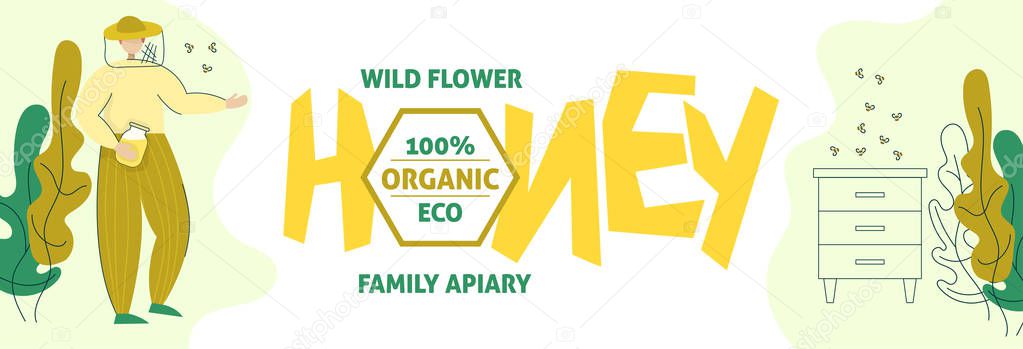 Beekeeper in a protective suit stand with a jar of honey. Honey organic business production process banner. Isolated flat trendy cartoon modern style Illustration character image