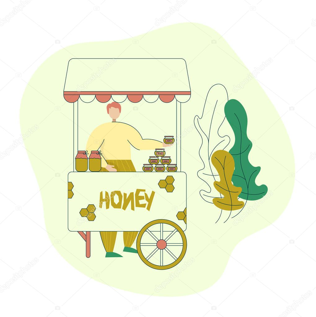 The beekeeper sells honey at the farmers market. Honey organic business production process. Isolated flat trendy cartoon modern style Illustration character image