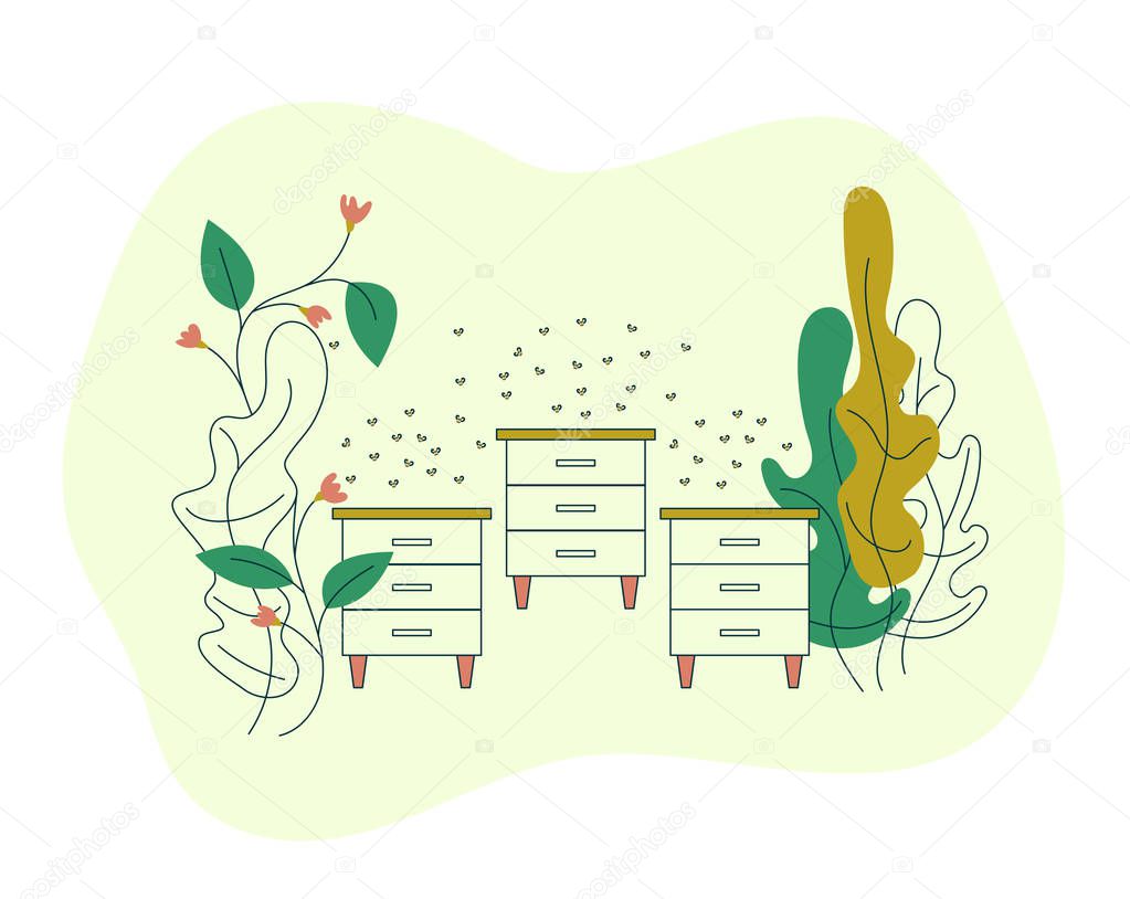 Hives on the farm field with flowers. Apiary with bee hives and a swarm of bees. Blooming flowers with bees. Vector flat modern isolated illustration for web and printing