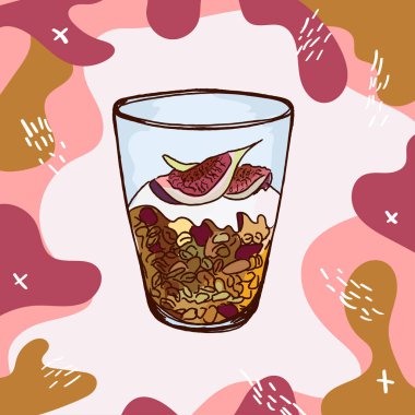 Bir cam kabında incir, fındık, kuru üzüm ve yoğurt ile Granola. El çizilmiş modern vektör illüstrasyon. Web ve yazdırma için yalıtılmış menü tasarım öğesi