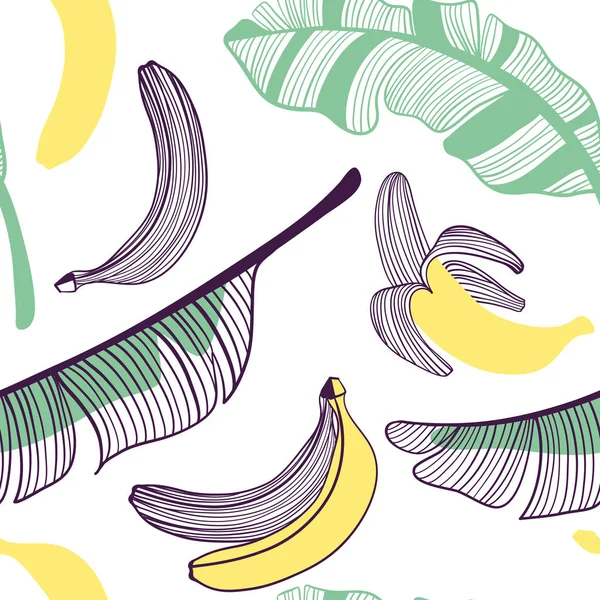 Naadloos patroon van bananen. Fruit, blad van banaan. Vector hand getekende illustratie instellen in moderne trendy platte stijl voor web, afdrukken posters en wallpapers — Stockvector