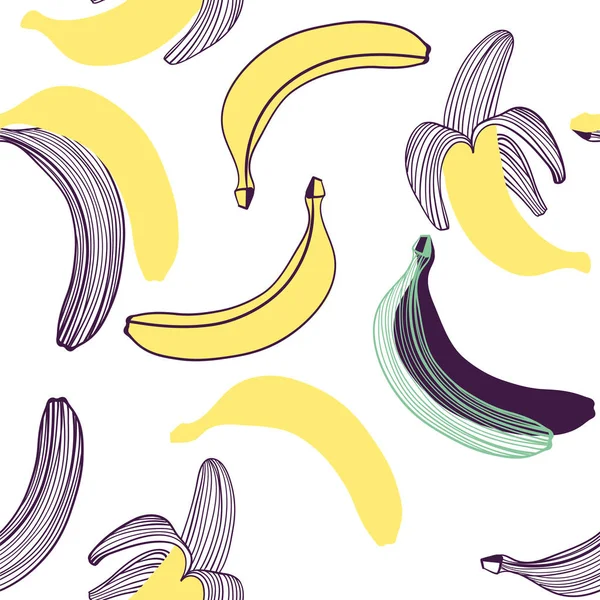 Modello senza cuciture di banane. Frutta, foglia di banana. Illustrazione disegnata a mano vettoriale in moderno stile piatto alla moda per web, manifesti di stampa e sfondi — Vettoriale Stock