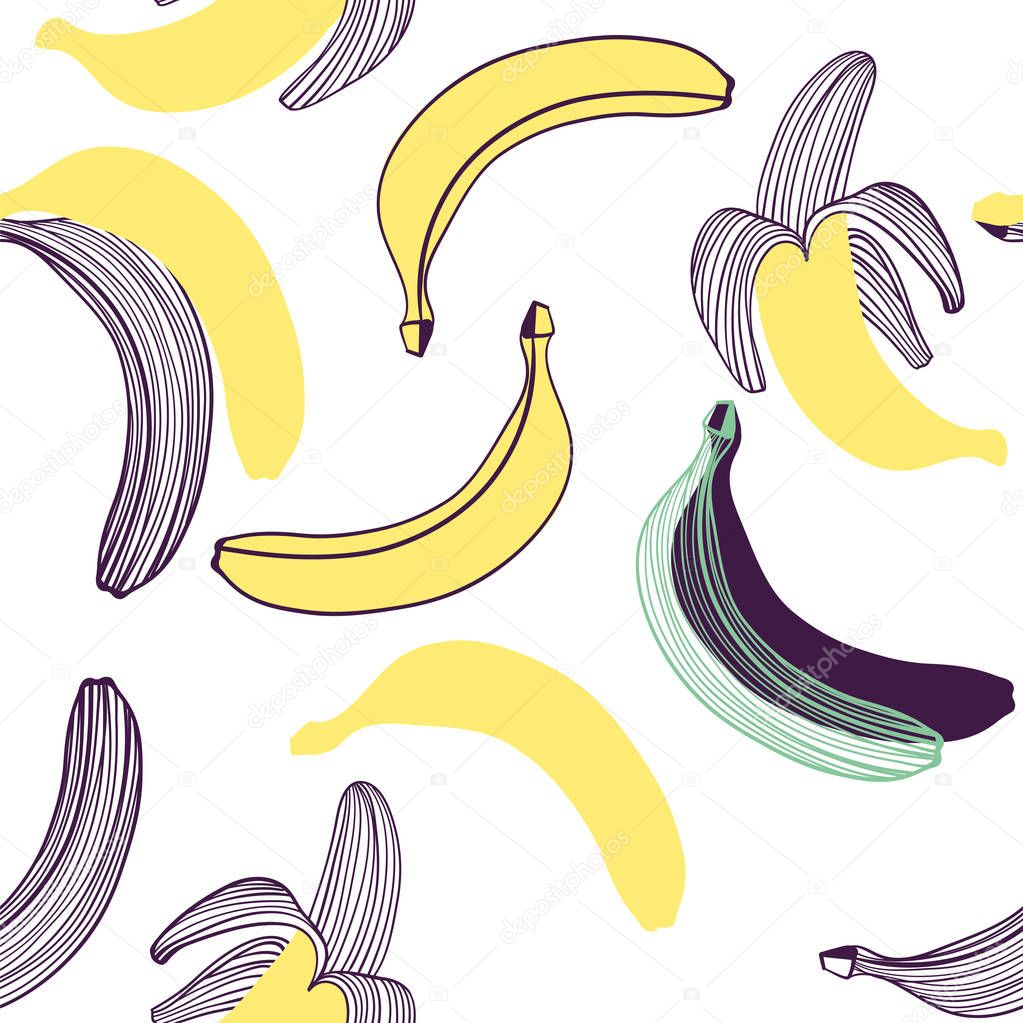 Seamless pattern of bananas. Fruit, leaf of banana. Vector hand drawn illustration set in modern trendy flat style for web, print posters and wallpapers