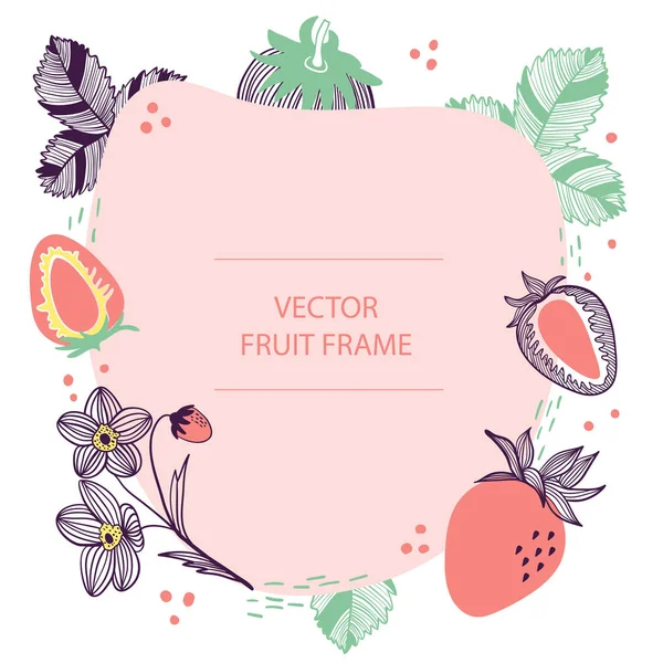 Meyve çilek metin çerçevesi el çizilmiş düz şablon. Kırmızı çilek botanik illüstrasyon ile vektör tasarımı. İş, poster, web ve baskı için