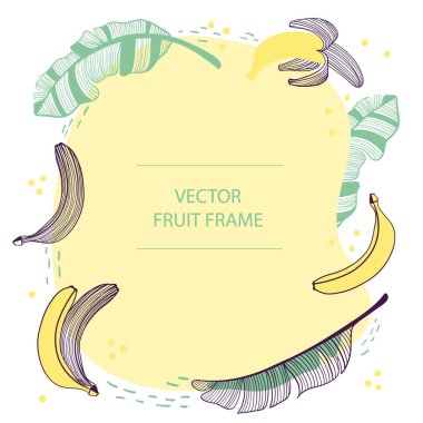 Meyve muz metin çerçevesi el çizilmiş düz şablon. Muz botanik illüstrasyon ile vektör tasarımı. İş, poster, web ve baskı için