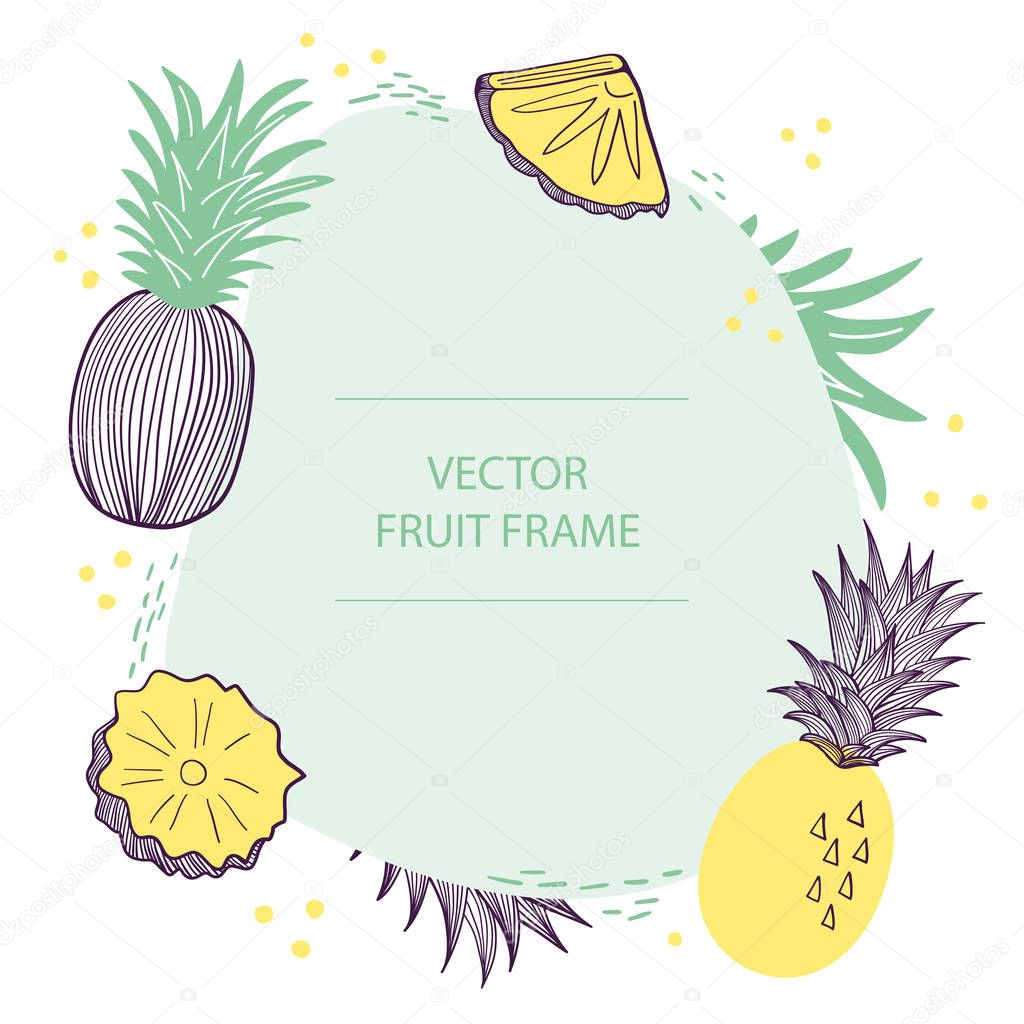 Fruit pineapple text frame hand drawn flat template. Vector design with botanical illustration of pineapple. For business, posters, web and print