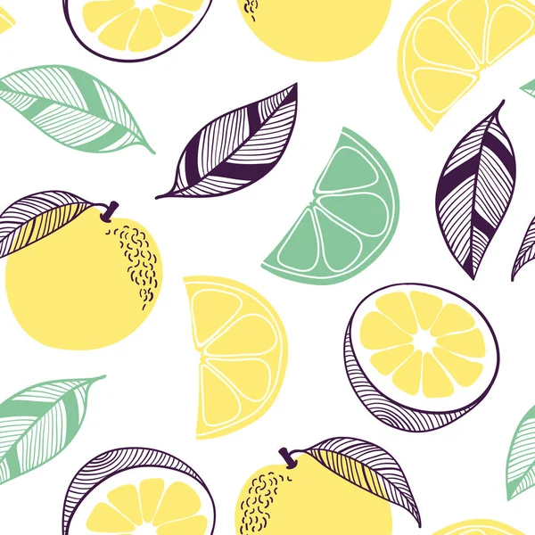 Motivo senza cuciture di agrumi. Frutto, foglia, fetta, fiore di arancio, lime, limone. Illustrazione disegnata a mano vettoriale in moderno stile piatto alla moda per web, manifesti di stampa e sfondi — Vettoriale Stock