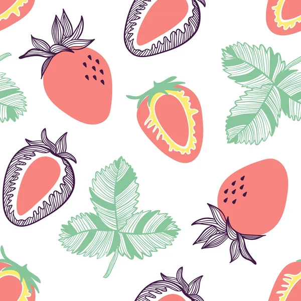 Seamless pattern of strawberries. Fruit, leaf, slice of strawberry. Vector hand drawn illustration set in modern trendy flat style for web, print posters and wallpapers — Stock Vector