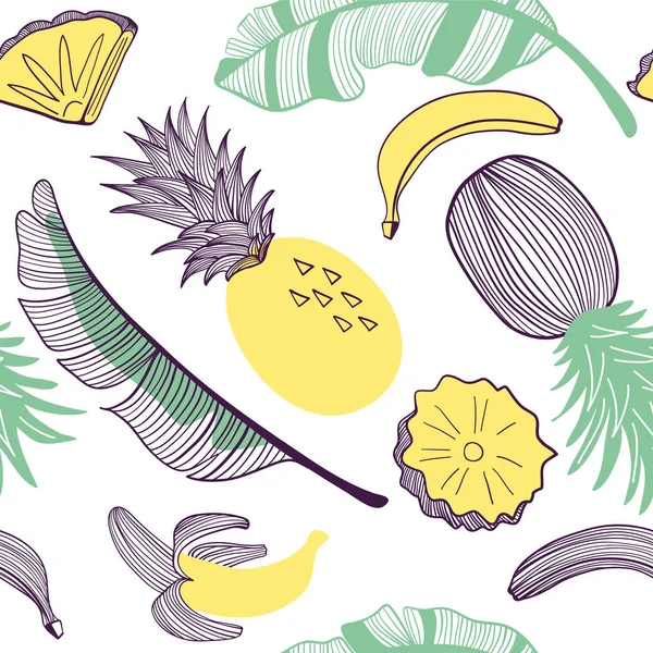 Seamless fashion pattern of bananas and pineapple. Fruit, leaf, slice. Vector hand drawn illustration set in modern trendy flat style for web, print posters and wallpapers — Stock Vector