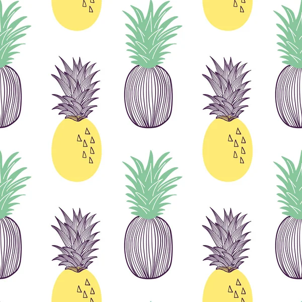 Seamless pattern of pineapple. Fruit and slice of exitix tropical. Vector hand drawn illustration set in modern trendy flat style for web, print posters and wallpapers — Stock Vector
