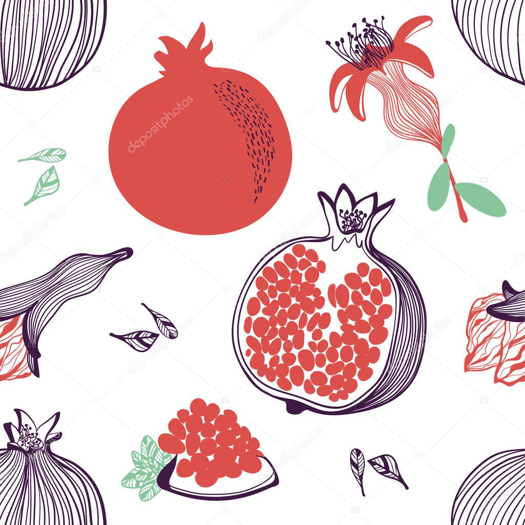 Seamless pattern of pomegranate. Flower, half. Vector hand drawn illustration set in modern trendy flat style for web, print posters and wallpapers