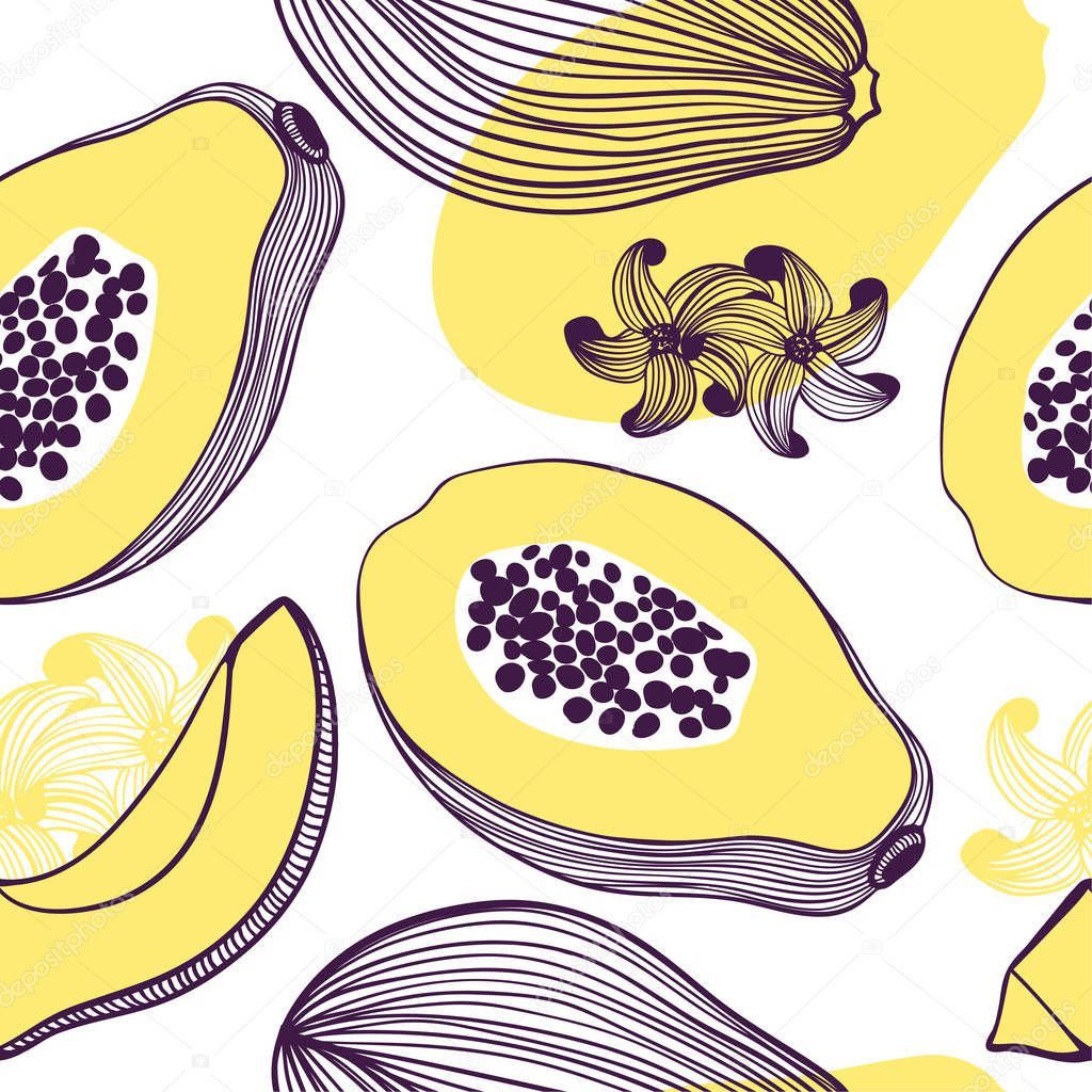 Seamless pattern of papaya. Fruit, leaf, slice, flower of tropical papaya. Vector hand drawn illustration set in modern trendy flat style for web, print posters and wallpapers