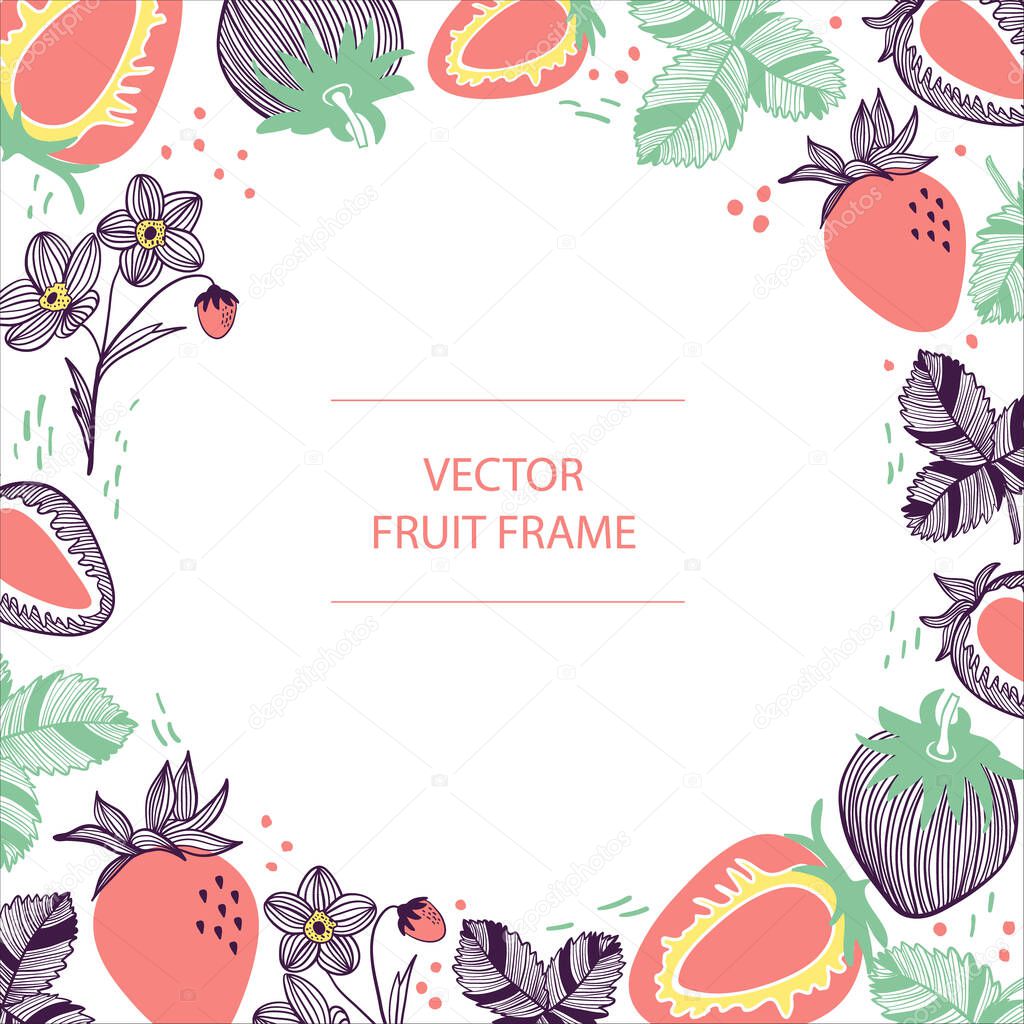 Fruit strawberry text circle round frame hand drawn flat template. Vector design with botanical illustration of red strawberry. For business, posters, covers, web and flyer print