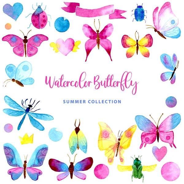 Watercolor set of color butterflies. Collection of isolated hand drawn bugs, dragonfly, hearts, ribbons, bubbles. For print cards, textile, invitation, wallpapers, banners posters