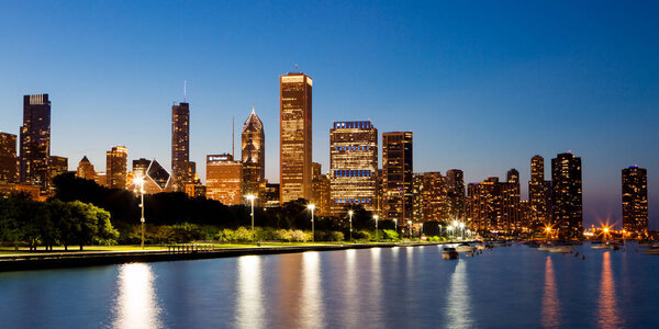 Chicago, USA - July 12, 2014: The Chicago skyline just after sunset on a hot summers day in Illinois, USA