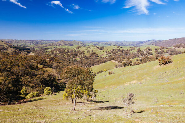 Красивый вид на Strath Creek из Murchison Gap Look в ясный солнечный весенний день в Виктории, Австралия
