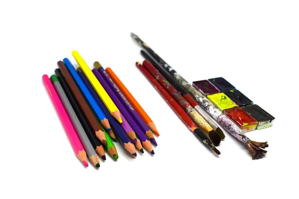 Paint Brushes Art Brushes Sharpened Pencils Colour Pencils — Stock Photo, Image