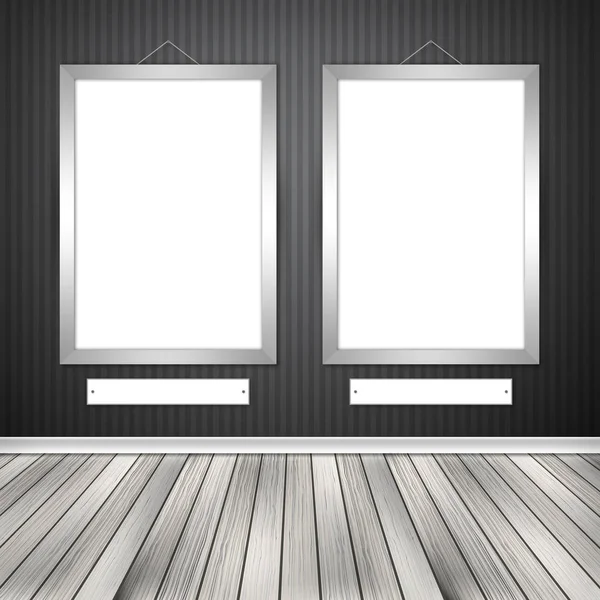 Interiér galerie s dvěma prázdné rámečky na zeď — Stock fotografie