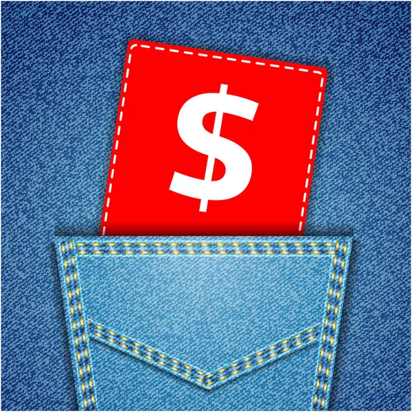 Blue back jeans pocket realistic denim texture with dollar sign — Stock Vector