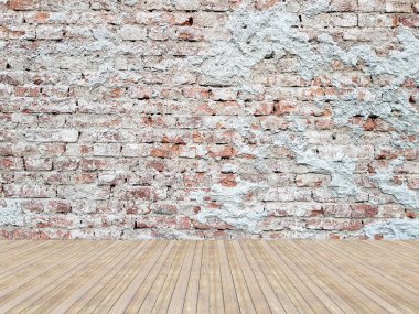 Vintage tuğla duvar ve ahşap zemin arka plan ile oda iç.