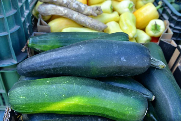 Dovlecei organici de vânzare pe piața agricolă. Contextul — Fotografie, imagine de stoc