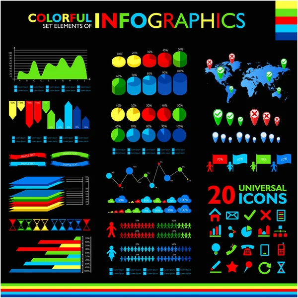 Colorful infographics set on black background and icons set. — Stock Vector