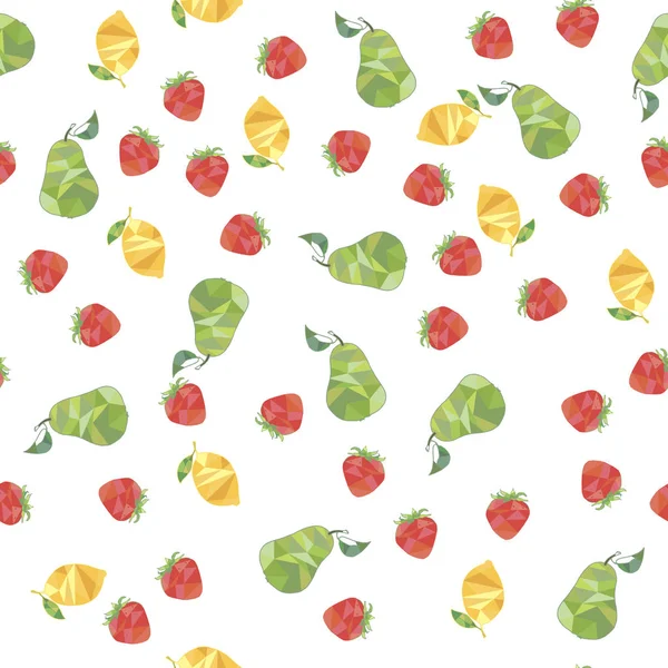 Low Poly Fruit Endless Pattern Seamless Texture Lemon Pear Strawberry — Stock Vector