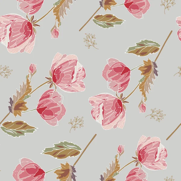 Naadloze Poppy Patroon Met Florale Romantische Elementen Grijze Achtergrond Eindeloze — Stockvector