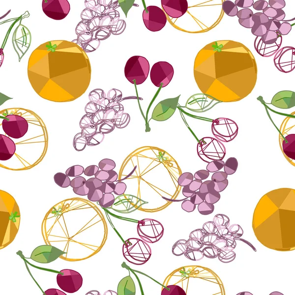 无缝的低聚图案与水果元素 无尽的橙色樱桃葡萄纹理 — 图库矢量图片
