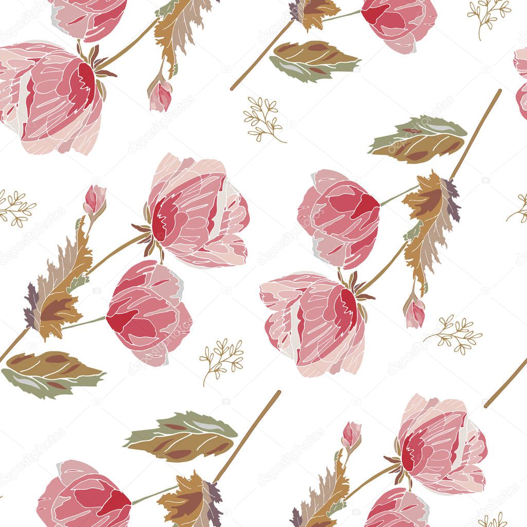 Seamless poppy pattern with floral romantic elements on white background + Endless texture for season summer design