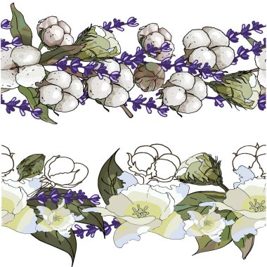 Sonsuz fırça ve pamuk çiçek ile yatılı, sezon için Pamuk bitki ve lavanta öğeleri tasarım bahar