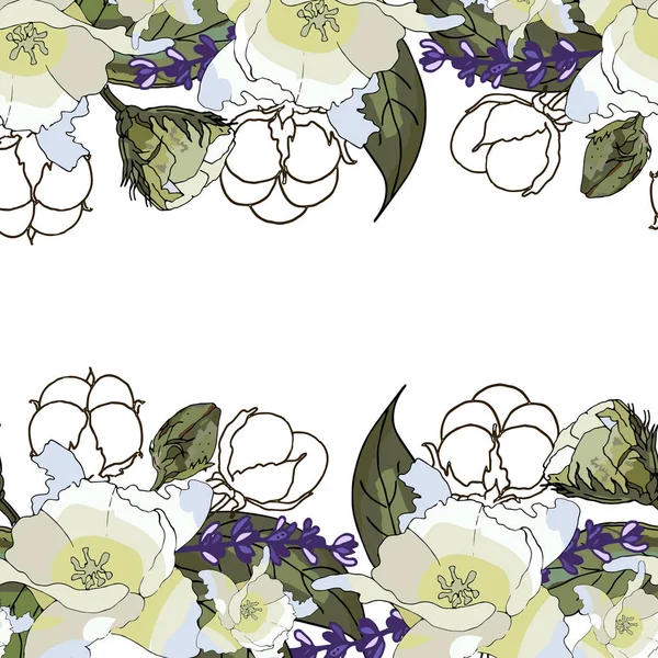 Bomullsblomma Bomullsväxten Och Lavendel Flower Gränsa För Elegant Design — Stock vektor