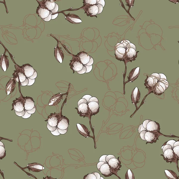 Fleur Coton Sans Couture Motif Plante Coton Avec Des Éléments — Image vectorielle