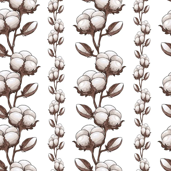 Nahtlose Baumwollblüten Und Baumwollpflanzenmuster Mit Floralen Elementen Endlose Textur Für — Stockvektor