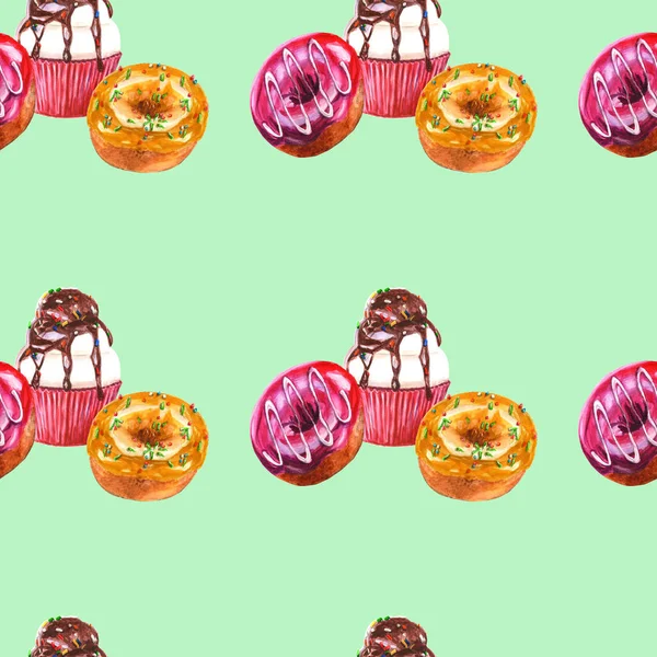 Безшовні Візерунки Бездротових Смачних Елементів Нескінченна Текстура Кексами Пончиками Шоколадом — стокове фото