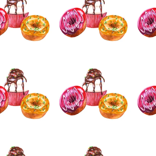 Seamless Mönster Wirh Smaskiga Element Ändlösa Textur Med Cupcakes Munkar — Stockfoto