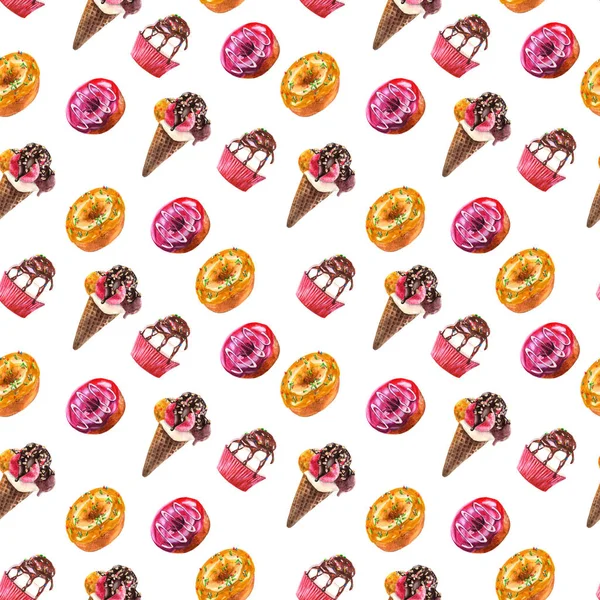 Varrat Nélküli Mintát Wirh Finom Elemek Végtelen Textúra Cupcakes Fánk — Stock Fotó