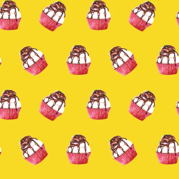 Varrat Nélküli Mintát Wirh Finom Elemek Végtelen Cupcakes Csokoládé Sárga — Stock Fotó