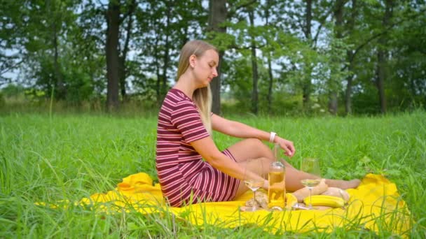 Žena relaxuje venku, jí předkrm na pikniku — Stock video