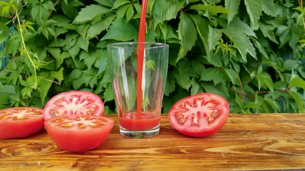 Giet verse zelfgemaakte tomatensap in glas in de tuin — Stockvideo
