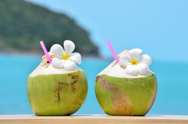 Tropikal taze Hindistan cevizi kokteyl dekore edilmiş plumeria tropikal Karayipler üzerinde 
