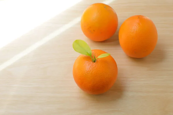 Three Ripe Oranges Wooden Table — Stock Photo, Image