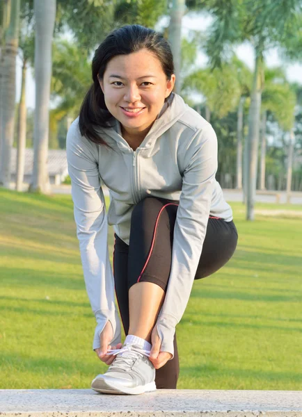 Athlete Girl Trying Running Shoes Getting Ready Jogging — Stock Photo, Image