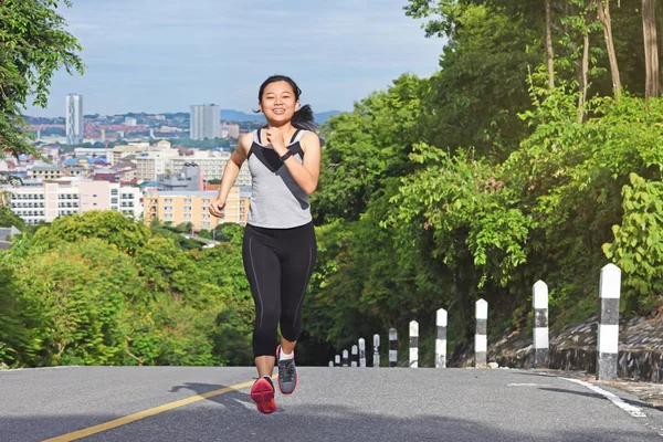 Young Asian Woman Jogging Park Smiling Happy Running Enjoying Healthy — Stock Photo, Image
